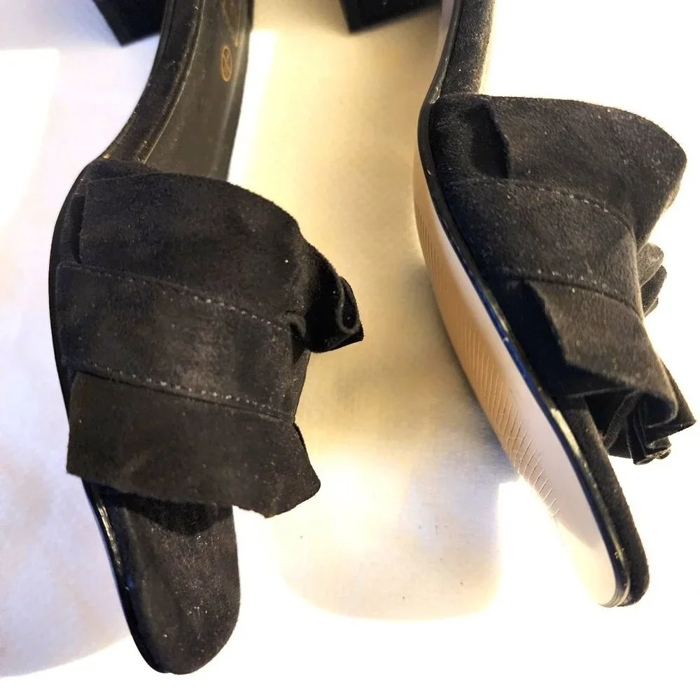 Elegant Blk‎ Sueded Velvet Ruffle Office Siren Cocktail Heel Slide Sz. 39/US 9